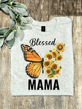 Blessed Mama shirt Sunflower Spring Butterfly Style Mom Short Sleeve Tshirt cute